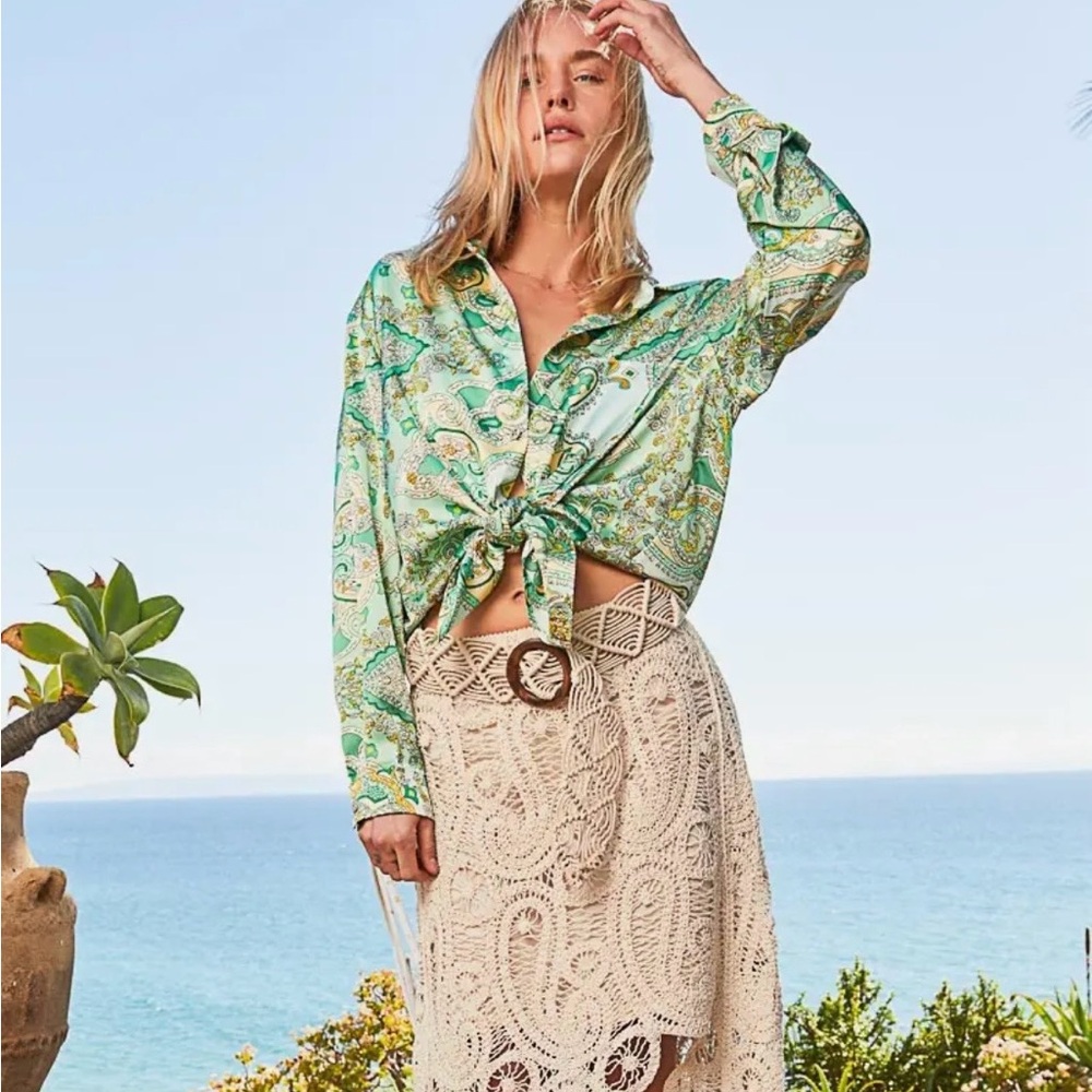 NWT POL Asymmetrical open-weave crochet cut out high low skirt w/privacy panel.